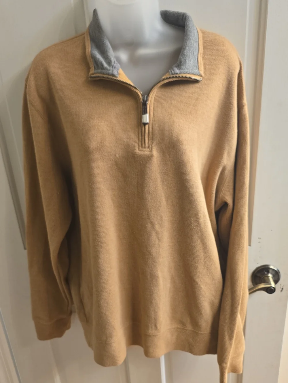 Lands' End Men's Camel Zip-Neck Sweater with Gray Inner Collar